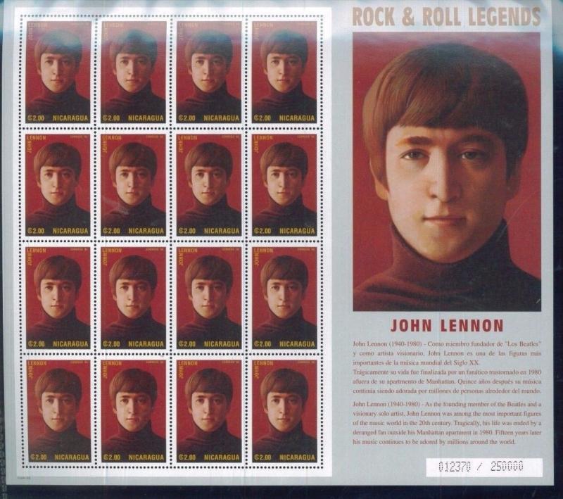 JOHN LENNON Rock & Roll Legends Commemorative Sheet #2123 MNH - Ncaragua E24