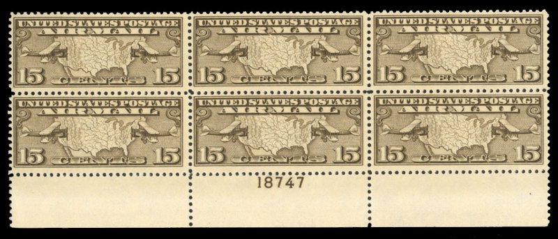 United States, Air Post #C8 Cat$45, 1926 15c olive brown, plate block of six,...