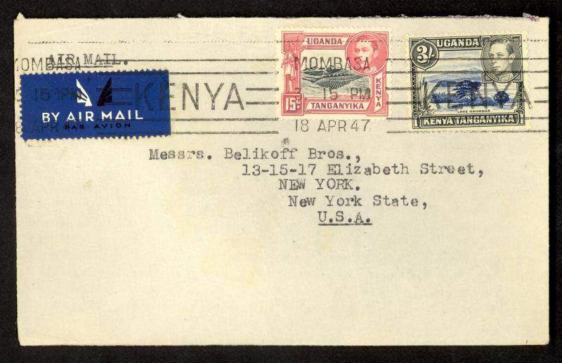 KUT KENYA 1947 KGVI Mombasa Cover 3shilling and 15c Sc 72b & 82a to USA Coffee