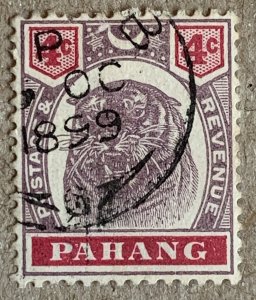 Pahang 1899 4c Tiger with partial RAUB 1899 cds. Scott 14A, CV $19.50, SG 15