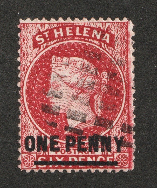 1887 St. Helena - Sc# 35 - 1 Penny on 6p, Queen Victoria, Used Cv$4.50