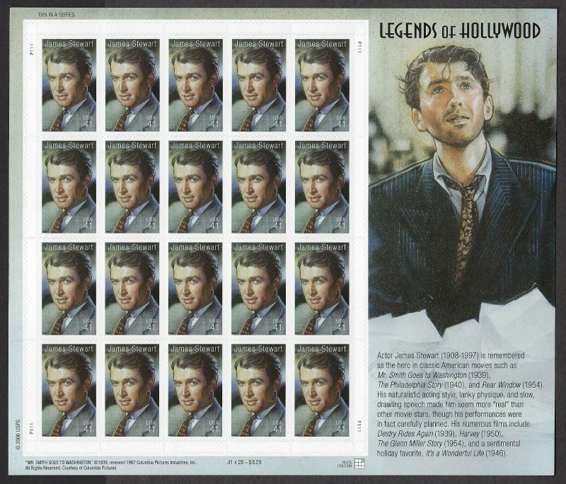 U.S.#4197 JAMES STEWART, ACTOR  MINT, VF, NH   FULL SHEET @ FACE VALUE!