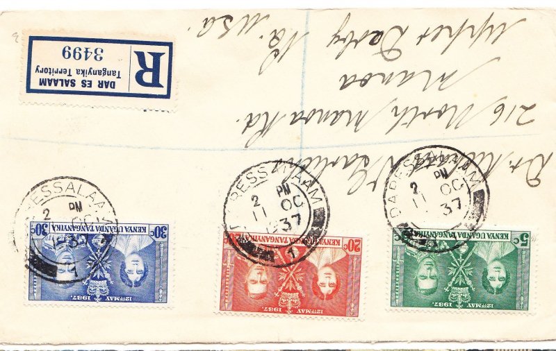 KENYA, UGANDA, TAGANYIKA #60-62 registered cover Dar Es Salaam, 11 Oct. 1937