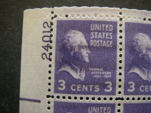 Scott 807, 3c Thomas Jefferson, PB4 #24012 x4, Matched Set, MNH Prexie Beauties