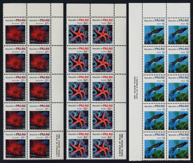 Palau 9-19 Imprint Blocks of 10 MNH Fish, Coral, Shells, Turtle