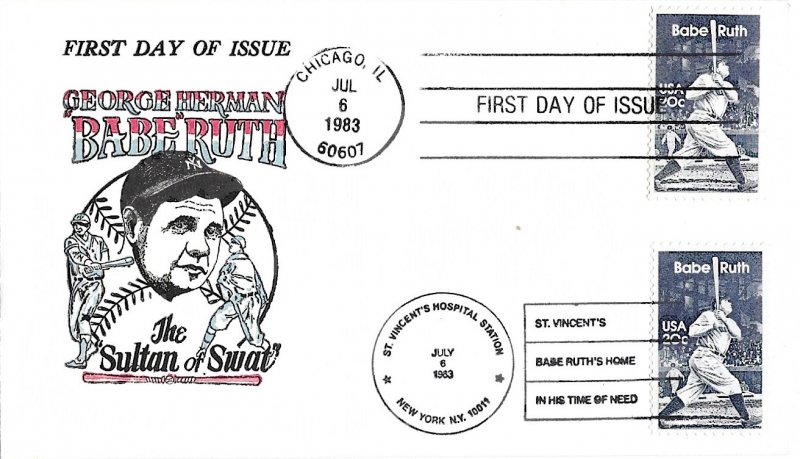 #2046 FDC, 20c Babe Ruth, Jack Davis (D-370) - dual cancel