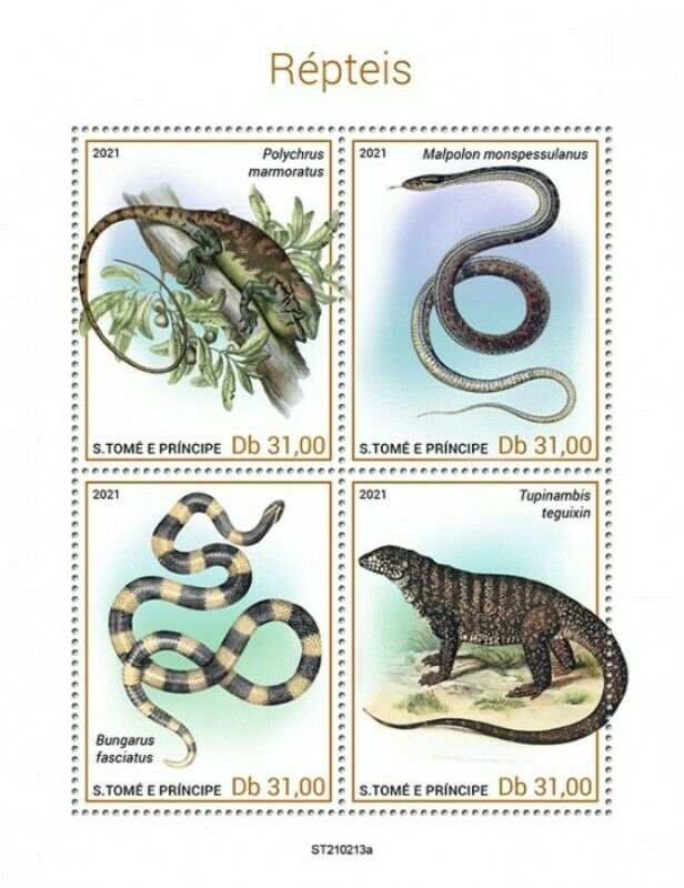 St Thomas - 2021 Reptiles, Bush Anole, Gold Tegu - 4 Stamp Sheet - ST210213a 