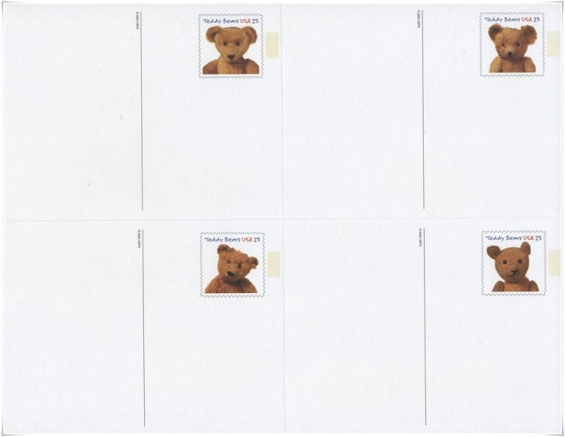 UX385a 23¢ Teddy Bears Postcards: Sheet of Four