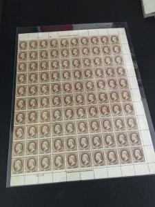 209 .10 Jefferson Sheet Of 100.  A Great Rarity. Beautiful.