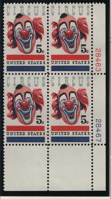 US, 1309, MNH, PLATE BLOCK, 1966, AMERCAN CIRCUS
