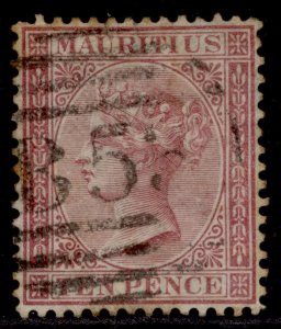 MAURITIUS QV SG67, 10d maroon, USED. Cat £65.