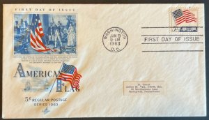 AMERICAN FLAG #1208 JAN 9 1963 WASHINGTON DC FIRST DAY COVER (FDC) BX6