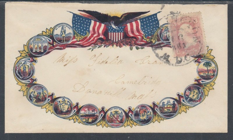 US Sc 64b used 3c rose pink Washington on 1861 Patriotic Cover, Cert.