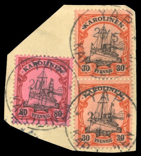 German Colonies, Caroline Islands #12, 15 Cat$45, 1901 30pf, horizontal pair,...