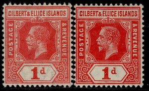 GILBERT AND ELLICE ISLANDS GV SG13 + 13a, 1d SHADE VARIETIES, M MINT.