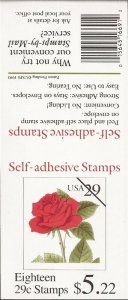 US Stamp - 1993 Red Rose - Booklet Pane of 18 Stamps #2490a