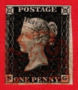 GBR SC #1 U (N,G) 1840 Queen Victoria 3 margins w/red cancel CV $375.00