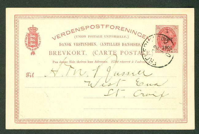 DWI #BK6 1CENT 1901 surcharge 3¢ card used Frederiksted