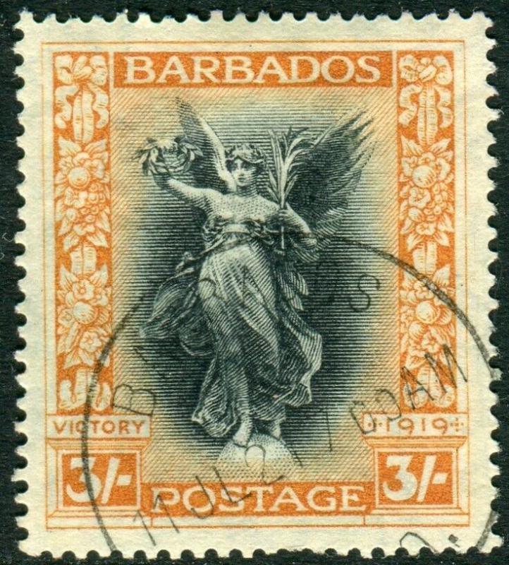 BARBADOS-1920-1 Victory 3/- Black & Dull Orange.  A fine used example
