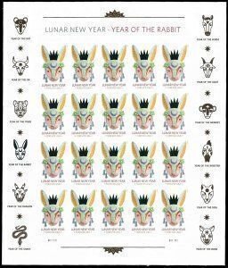 U.S.#5744 FREE SHIPPING Lunar New Year-Rabbit 63c FE Pane of 20, MNH.