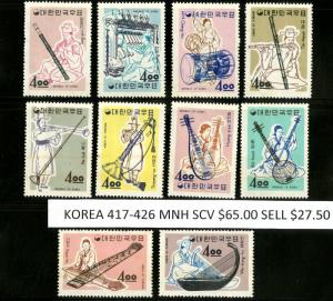 KOREA 417-426 MNH SCV $65.00