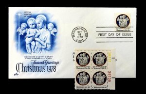 US #1768 MNH Block + Artcraft FDC 1978 Madonna & Child