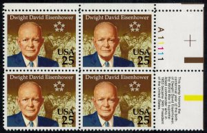 1990 President Dwight D Eisenhower Plate Block Of 4 25c Stamps, Sc# 2513, MNH