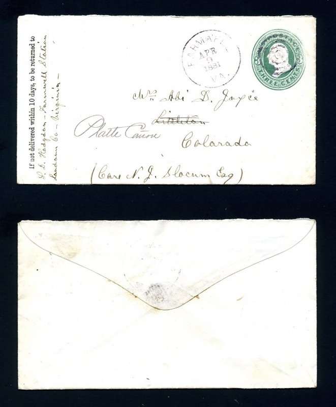 # U163 entire from Farmwell, VA, DPO to Littleton to Platte Canon, CO - 4-9-1881