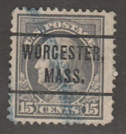 U.S. Scott #418 Franklin Stamp - Used Single - Worcester, MA Precancel - Blue