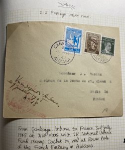 1945 French Embassy In Ankara Turkey Cover to Paris  France Fund Tax Stamp