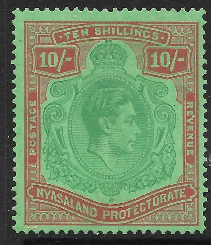 NYASALAND SG142a 1938 10/= BLUISH GREEN & BROWN-RED ON PALE GREEN MTD MINT