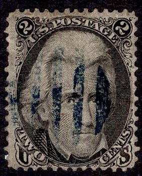 US Stamp #73 2c Jackson w/ + $15 Blue Cancel USED SCV $55. Nice Cancel.