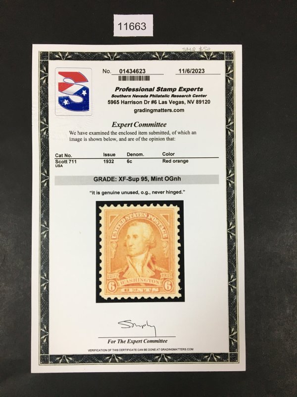 US STAMPS # 711 MINT OG NH ** PSE GRADED XF-SUP 95 CERT** SMQ $50 LOT #11663