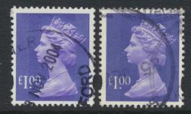Great Britain SG Y1743 SC# MH279 Machin £1 Used x2  Bluish Violet see phosph...