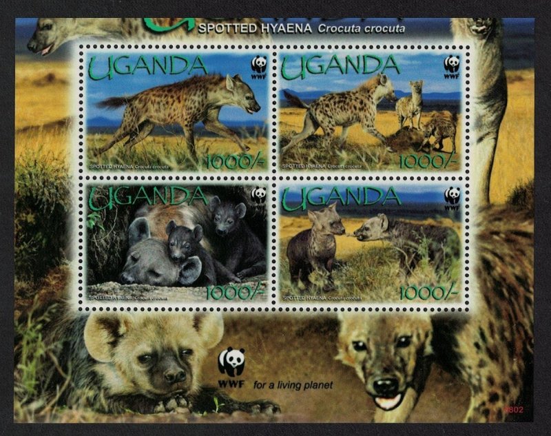 Uganda WWF Spotted Hyaena 4v Block of 4 WWF Logo 2008 MNH SC#1892a-d