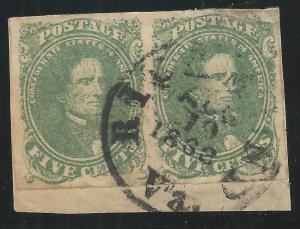 CSA Scott #1 Stone 2 Pos 7-8 Used Pair of Confederate Stamps on Piece Richmond