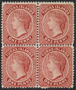 TURKS ISLANDS 1889 QV 1D MNH ** BLOCK WMK CROWN CA PERF 14 