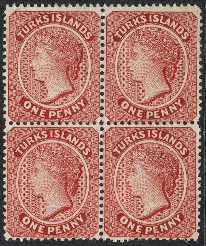 TURKS ISLANDS 1889 QV 1D MNH ** BLOCK WMK CROWN CA PERF 14 