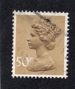 Great Britain 1970-95 50p bister brown Machin, Scott MH159 used, value = 75c