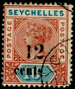 SEYCHELLES SG16, 12c on 16c chestnut & blue, USED. DIE I