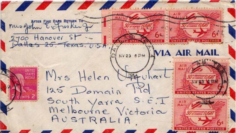  Airmail Issues 6c Powered Flight (4) with 2c Adams Prexie 1954 Dallas, Tex. ...