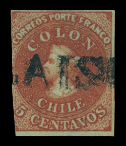 CHILE 1853 COLUMBUS London (Perkins Bacon) 5c red brn Sc# 1  VALPARAISO cxl R