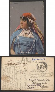 WWI SERBIA - TUNISIA -GREECE- CENSORED F. M.  POSTCARD BIZERTE TO CORFOW -1915