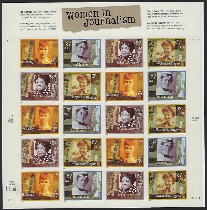 Catalog #3665 68 Sheet of 20 Stamps Women in Journalism Tarbell Bly Higgins Payn