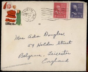 USA 2c 3c Prexie Transatlantic Cover Santa Clause Label Leicester England 80759