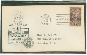 US 897 1940 3c Wyoming/50th anniversary of statehood on a wrinkled addressed first day cover with an A.P.L. cachet.