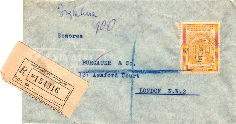 Paraguay 1G Colonial Jesuit Altar 1946 Aeropostal, Paraguay Airmail Registere...