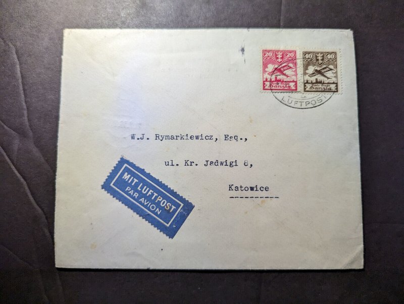 1938 Germany Danzig Airmail Cover to Katowice Poland