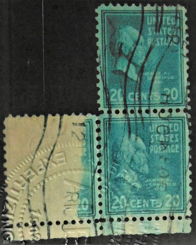 USA #825 VF ERROR BLOCK OF 3 WITH APS CERTIFICATE ACTUALLY USED ON MAIL.