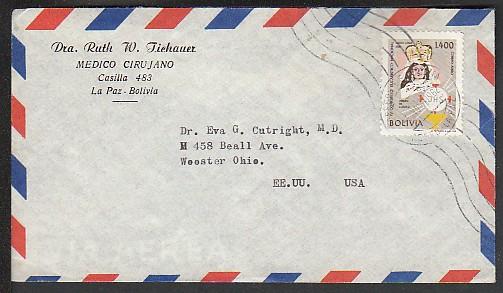 Bolivia to Wooster Ohio 1962 airmail cover 